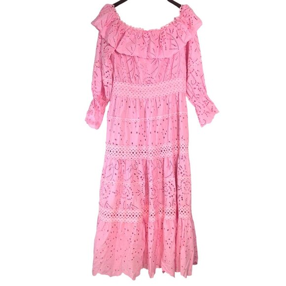 JJ's Fairyland Pink Eyelet Broderie Anglaise Ruffle Off Shoulder Dress Large NWT - Picture 3 of 7